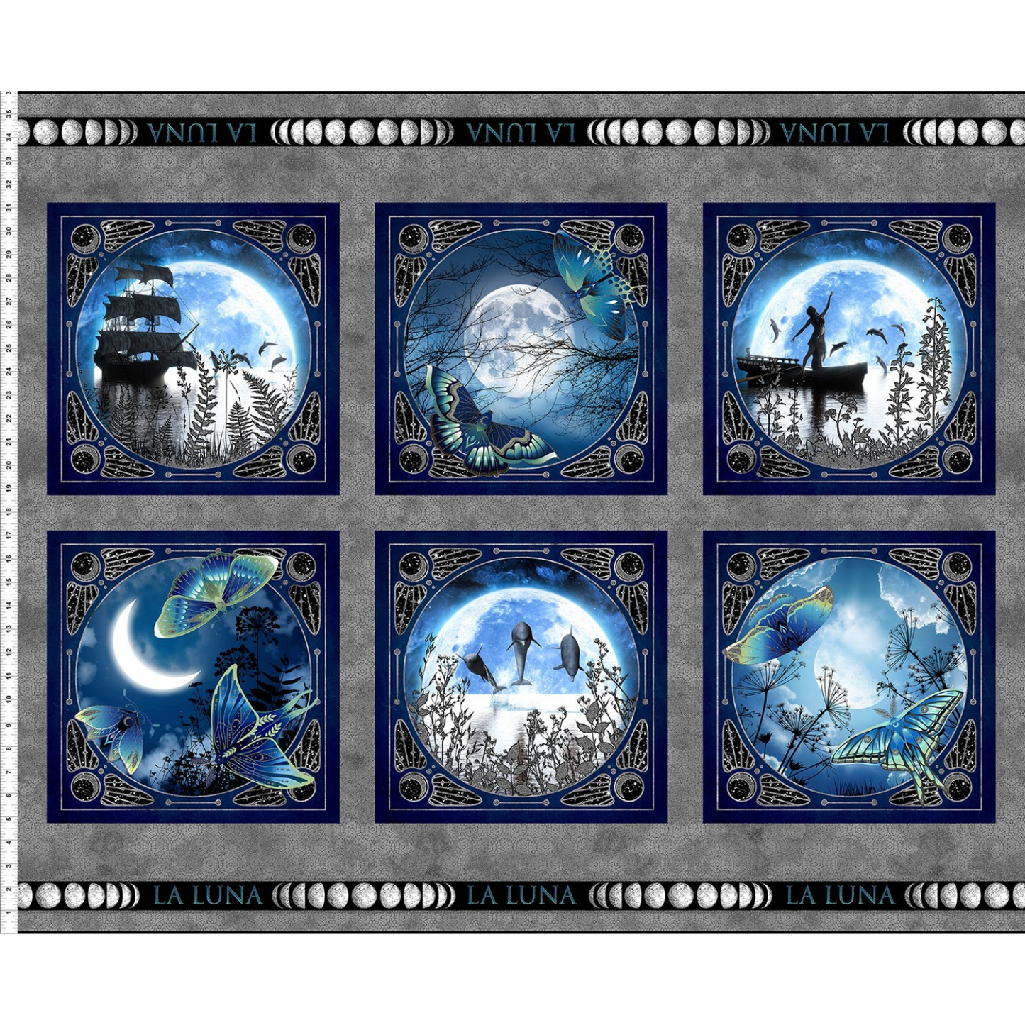 Blue and silver fabric panel with six blocks featuring moon and nature designs. Ruler for scale.