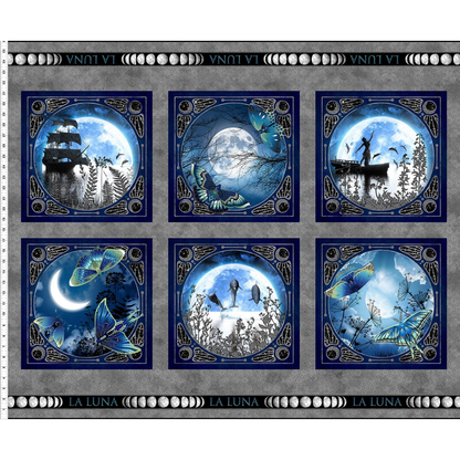 Blue and silver fabric panel with six blocks featuring moon and nature designs. Ruler for scale.
