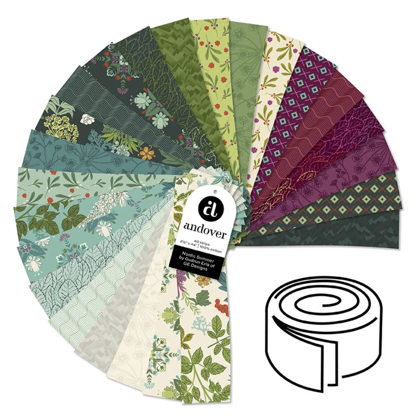 A fanned-out display of 40 different floral and botanical fabric strips in various colors, including green, blue, purple, and cream.