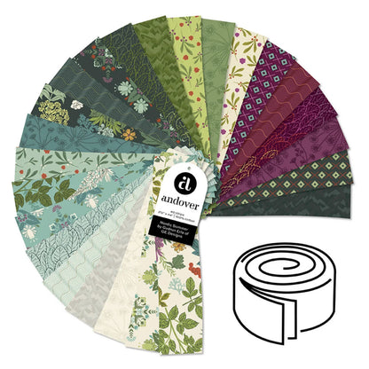 A fanned-out display of 40 different floral and botanical fabric strips in various colors, including green, blue, purple, and cream.
