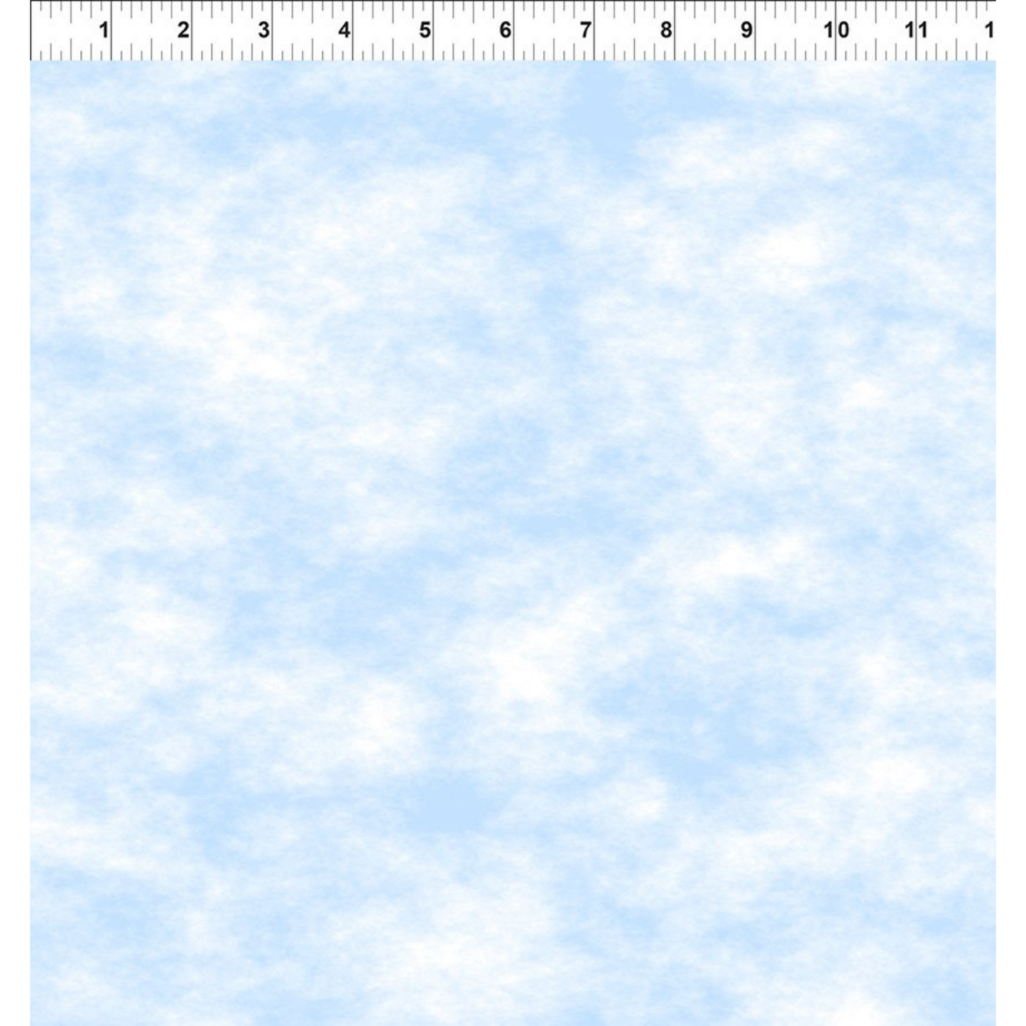 Textured fabric that looks like a light blue sky with scattered white clouds. Ruler for scale.