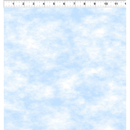 Textured fabric that looks like a light blue sky with scattered white clouds. Ruler for scale.