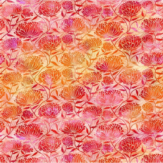 A seamless watercolor floral patterned fabric featuring stylized chrysanthemums in shades of orange, red, pink, and magenta on a warm peach background.