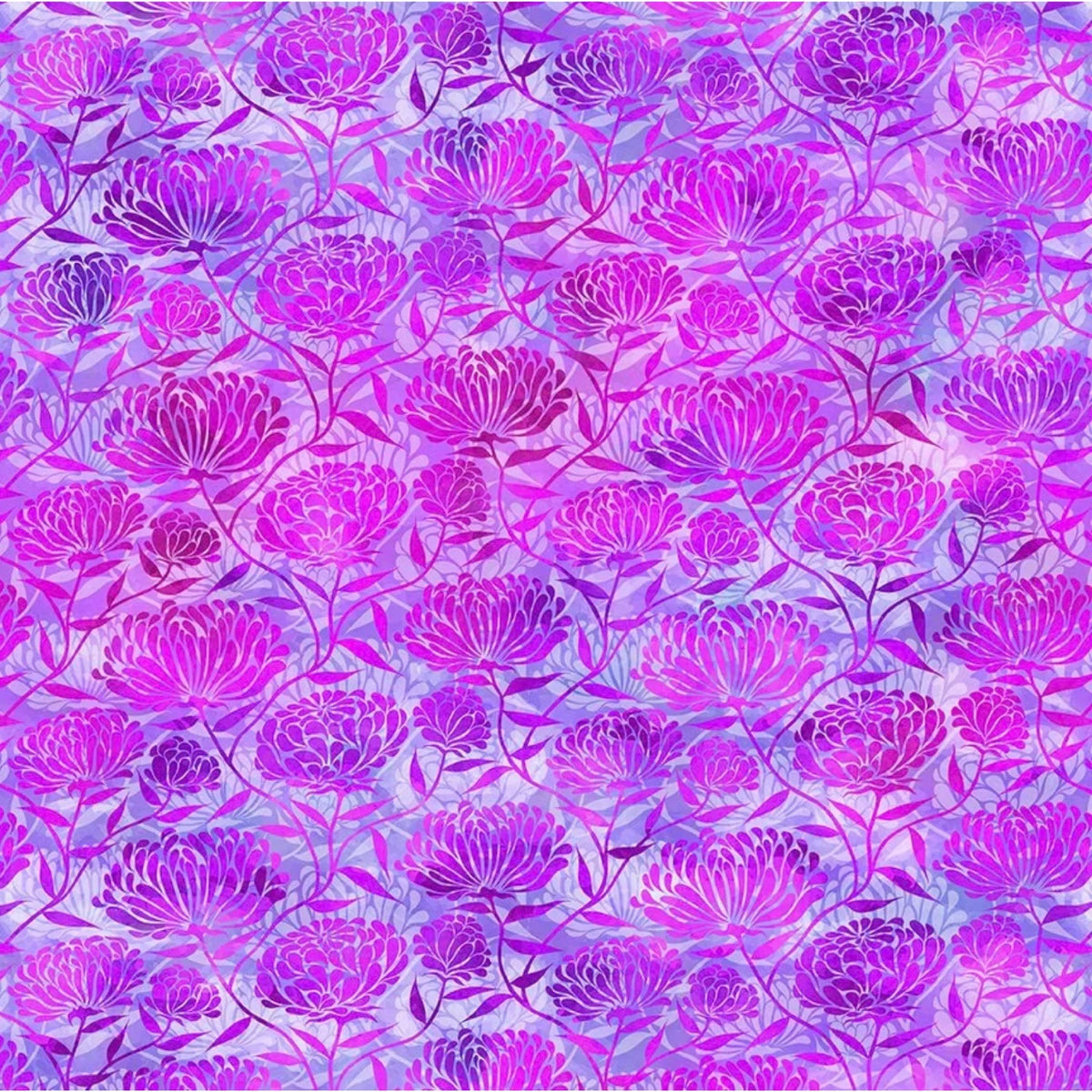 A repeating floral pattern featuring stylized purple and magenta chrysanthemums on a light lavender background.