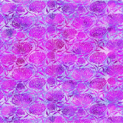 A repeating floral pattern featuring stylized purple and magenta chrysanthemums on a light lavender background.
