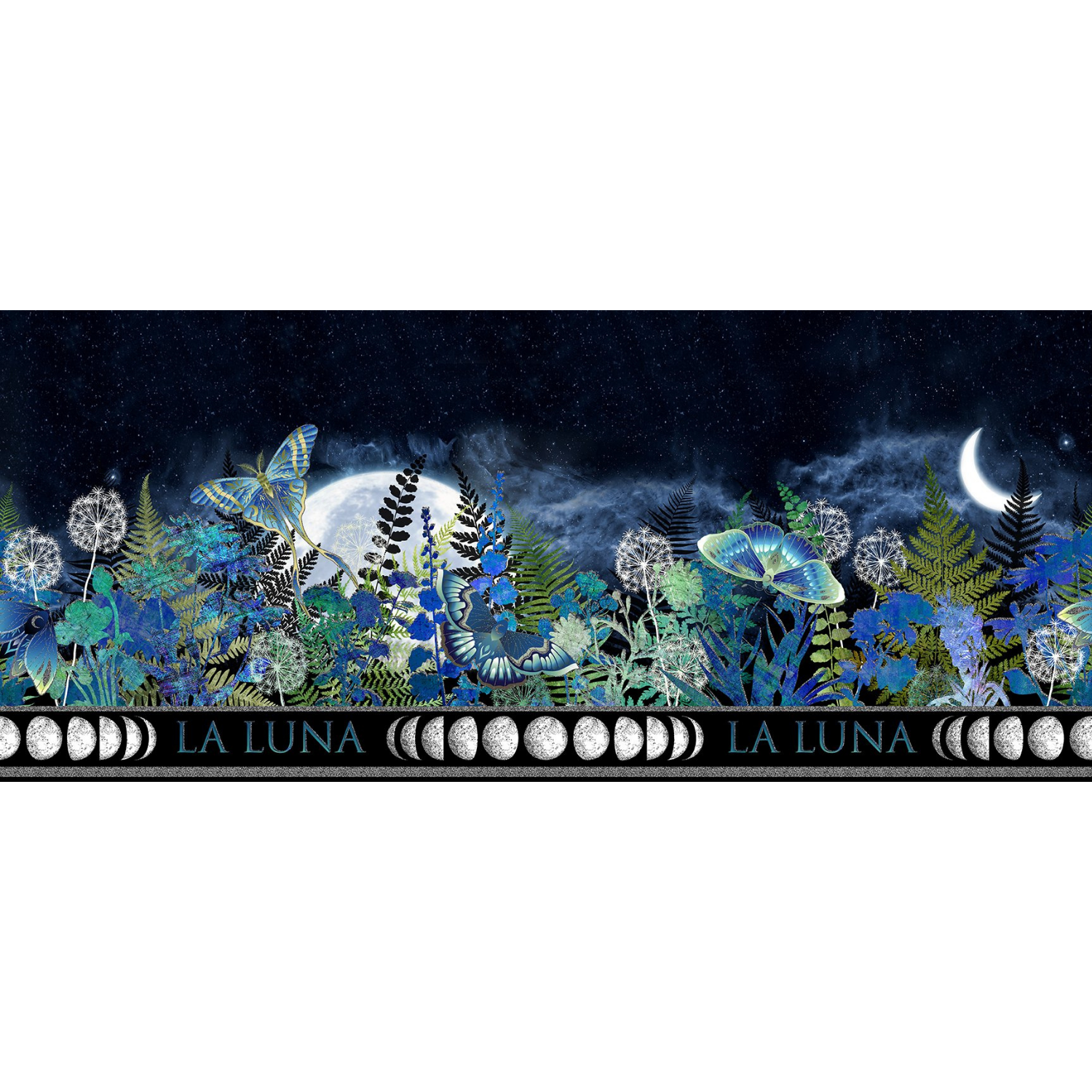 Fabric stripe featuring blue and teal moths among a lush, moonlit garden and accented with a metallic, silver band showcasing the various phases of the moon