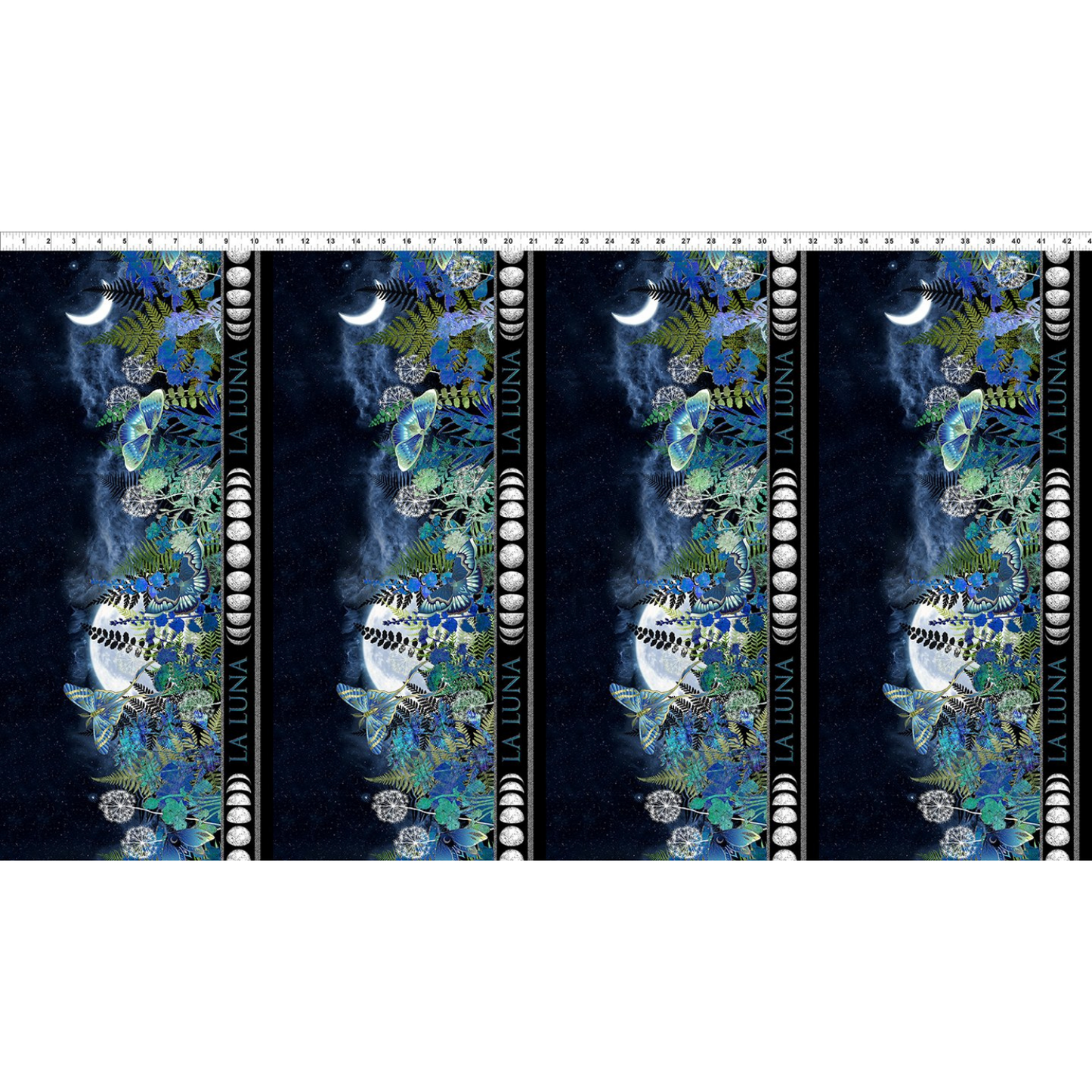 Four fabric stripes featuring blue and teal moths among a lush, moonlit garden and accented with a metallic, silver band showcasing the various phases of the moon. Ruler for scale
