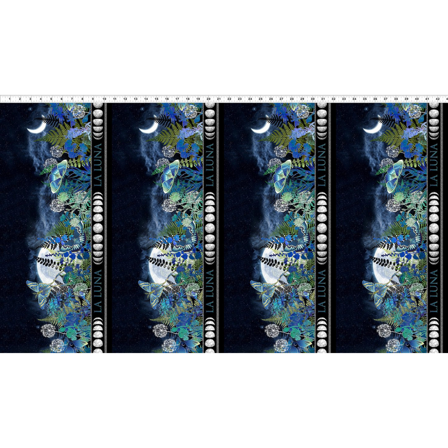 Four fabric stripes featuring blue and teal moths among a lush, moonlit garden and accented with a metallic, silver band showcasing the various phases of the moon. Ruler for scale