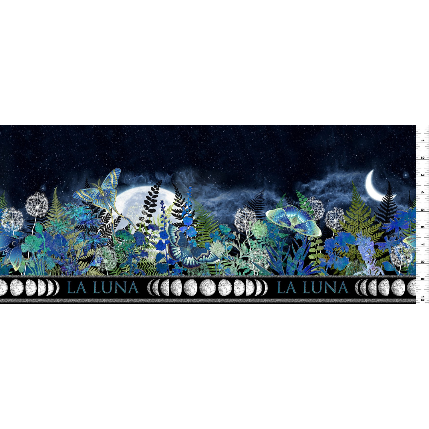 Fabric stripe featuring blue and teal moths among a lush, moonlit garden and accented with a metallic, silver band showcasing the various phases of the moon. Ruler for scale