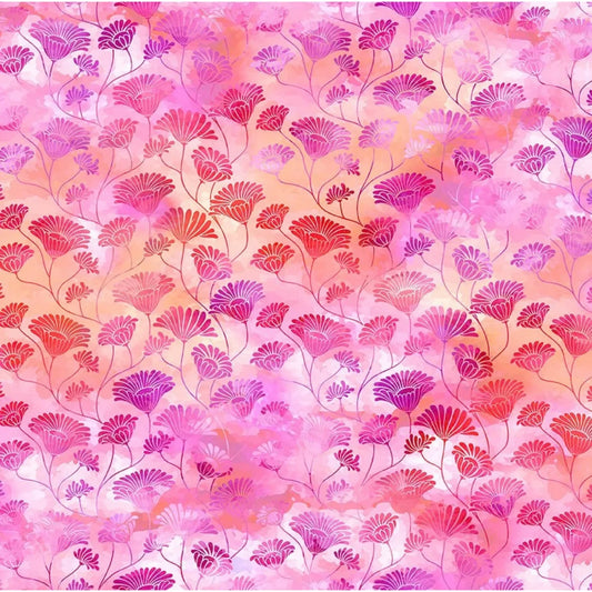 A seamless repeating pattern featuring stylized pink, red, and purple flower motifs on a watercolor-textured background of pink, orange, and peach.