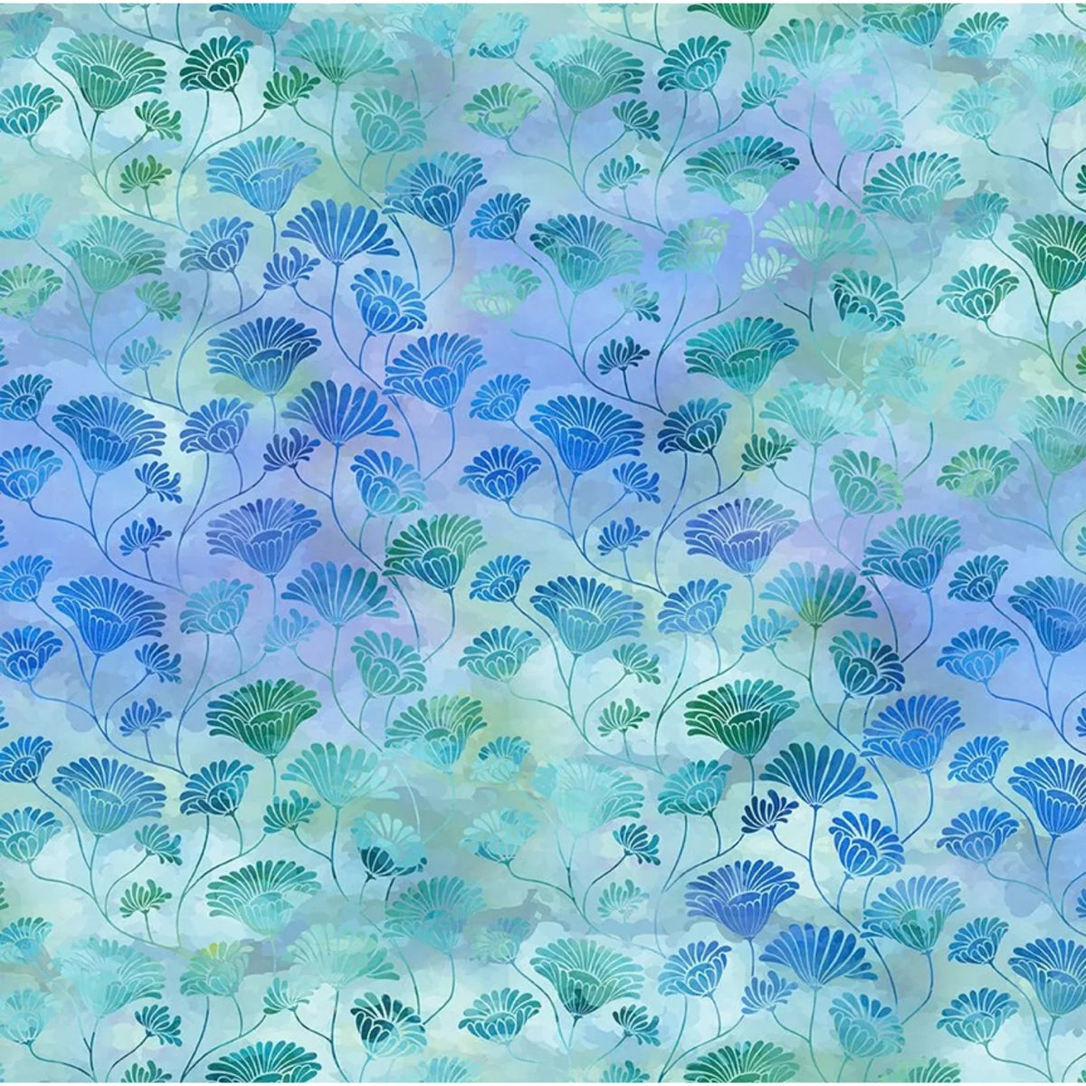 A repeating floral pattern featuring stylized blue and green fan-shaped blossoms on a soft watercolor background of light blue, teal, and periwinkle.
