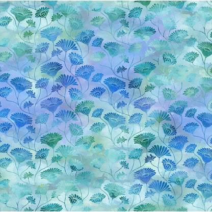 A repeating floral pattern featuring stylized blue and green fan-shaped blossoms on a soft watercolor background of light blue, teal, and periwinkle.