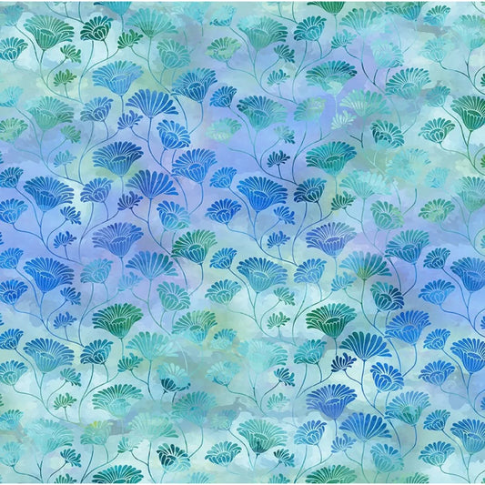 A repeating floral pattern featuring stylized blue and green fan-shaped blossoms on a soft watercolor background of light blue, teal, and periwinkle.