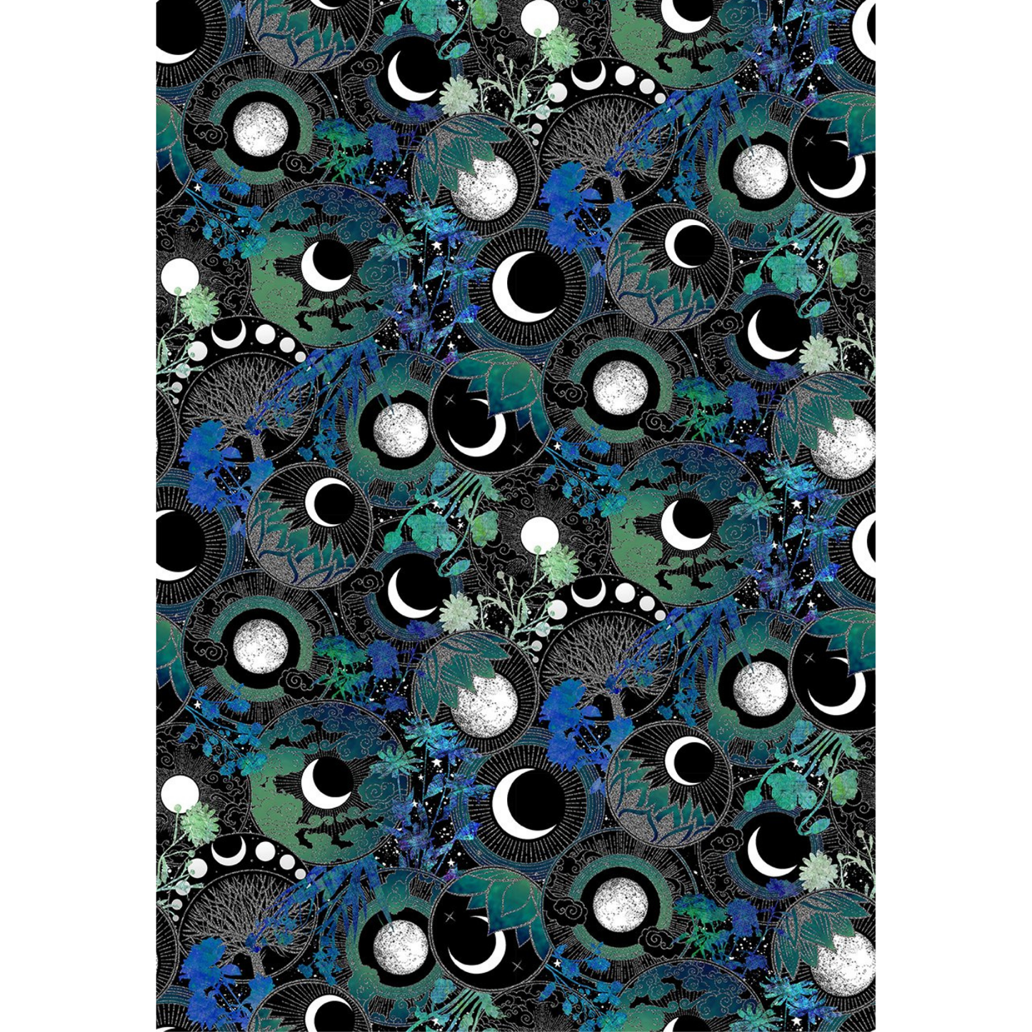 Fabric featuring moon phases with blue and teal floral designs on a black background