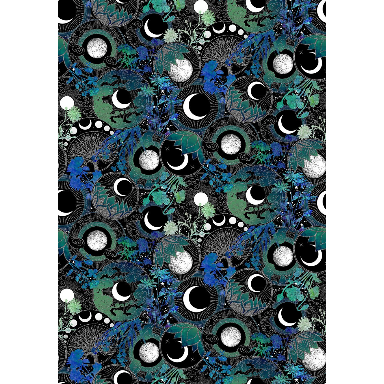 Fabric featuring moon phases with blue and teal floral designs on a black background