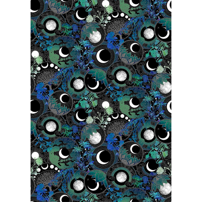 Fabric featuring moon phases with blue and teal floral designs on a black background