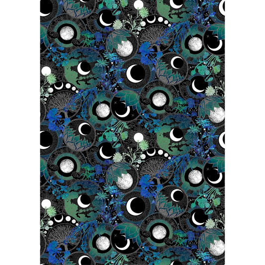 Fabric featuring moon phases with blue and teal floral designs on a black background
