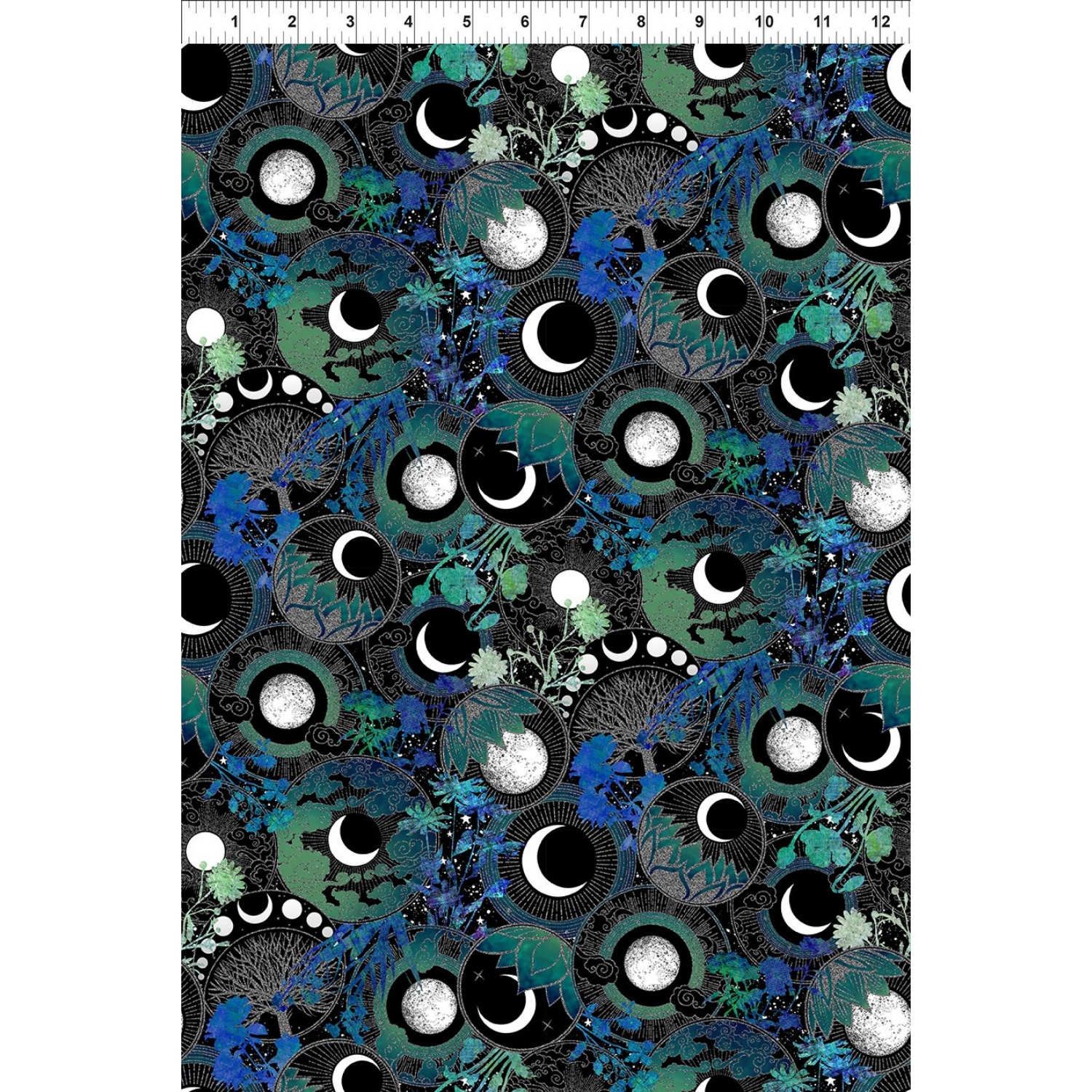 Fabric featuring moon phases with blue and teal floral designs on a black background. Ruler for scale