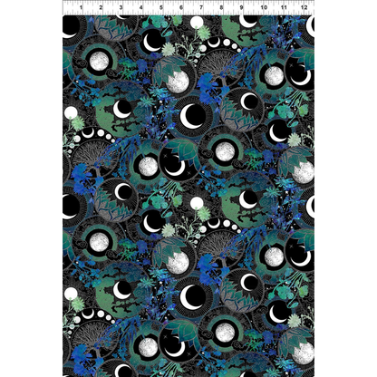 Fabric featuring moon phases with blue and teal floral designs on a black background. Ruler for scale