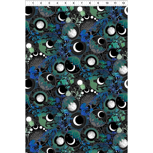 Fabric featuring moon phases with blue and teal floral designs on a black background. Ruler for scale