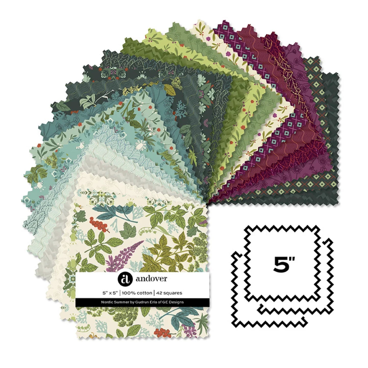 A fanned-out display of 42 different floral and botanical fabric squares in various colors, including green, blue, purple, and cream.