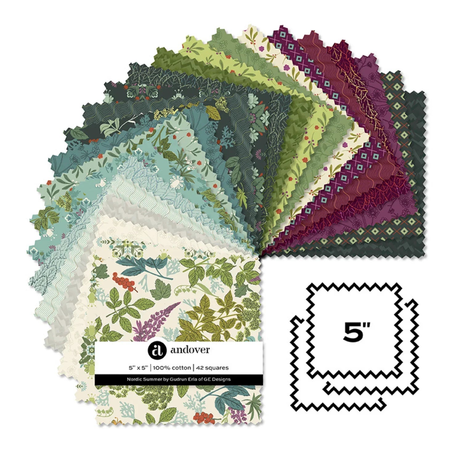 A fanned-out display of 42 different floral and botanical fabric squares in various colors, including green, blue, purple, and cream.