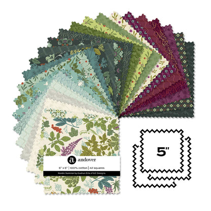 A fanned-out display of 42 different floral and botanical fabric squares in various colors, including green, blue, purple, and cream.