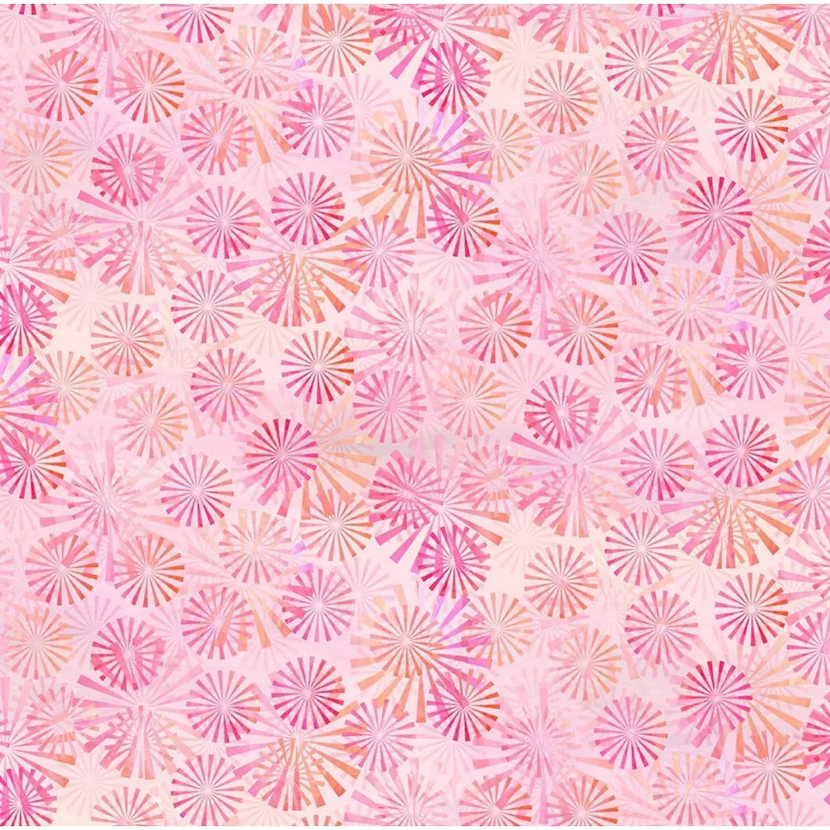 A repeating watercolor-style pattern of pink and coral sunburst motifs on a pale pink background.