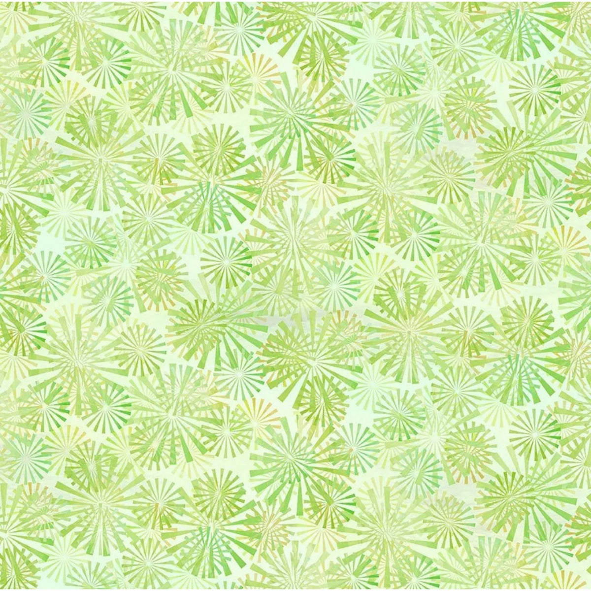 A repeating pattern of light green and chartreuse sunbursts layered over a pale spring-green background.