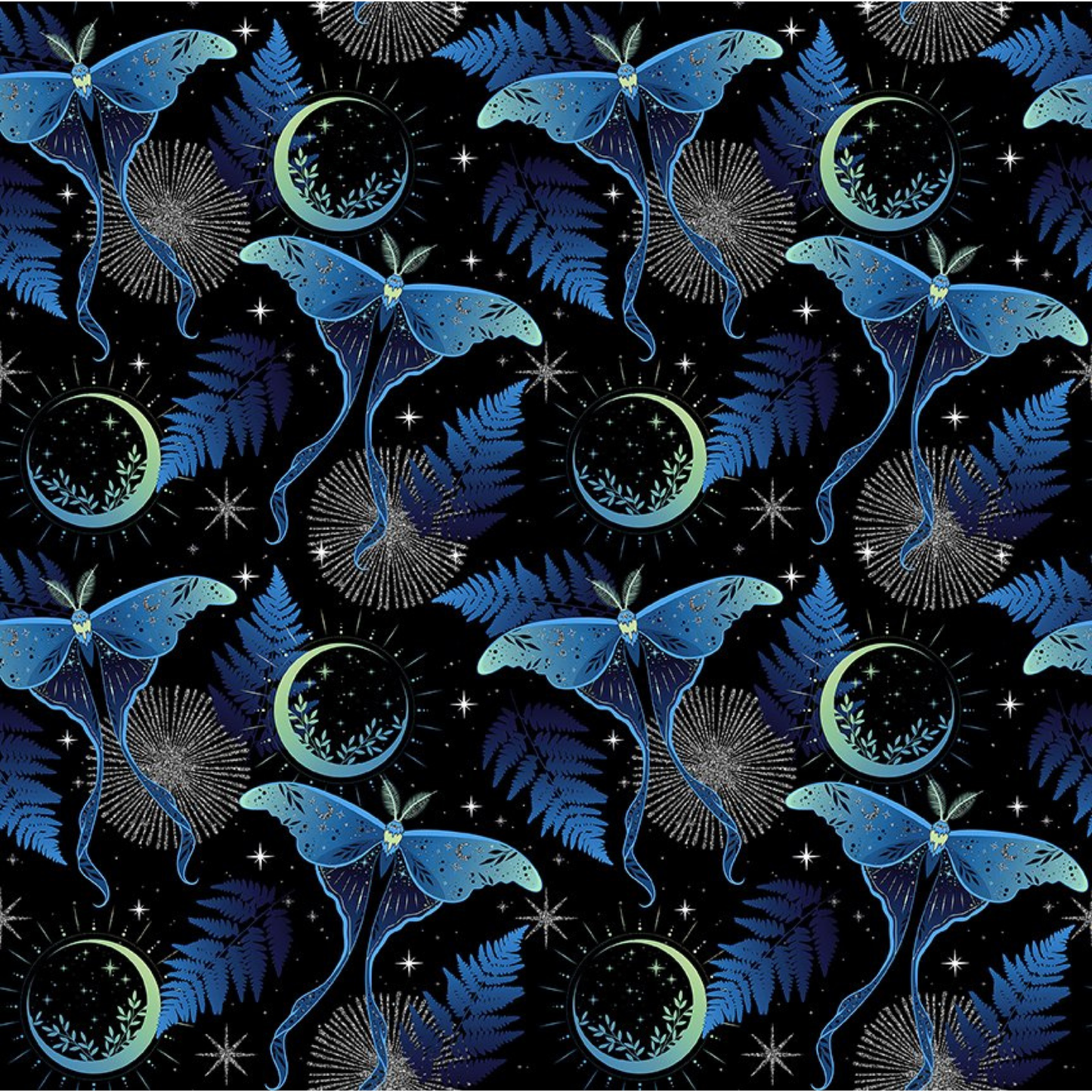 Pattern of blue lunar moths and green moons on a black background