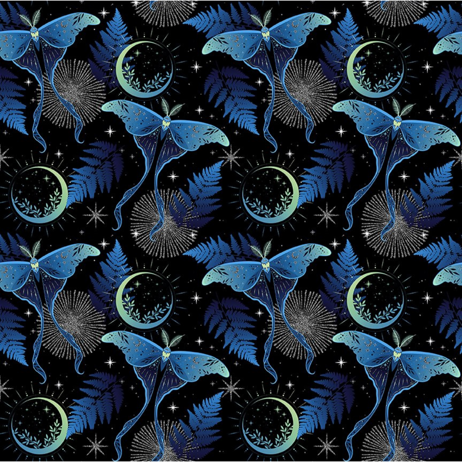 Pattern of blue lunar moths and green moons on a black background