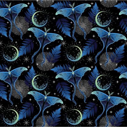 Pattern of blue lunar moths and green moons on a black background