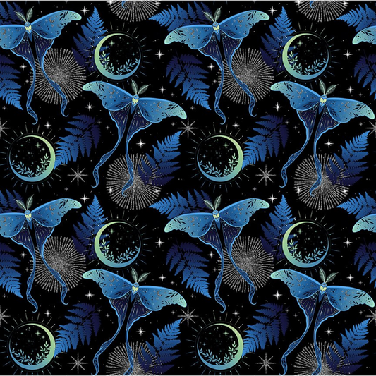 Pattern of blue lunar moths and green moons on a black background