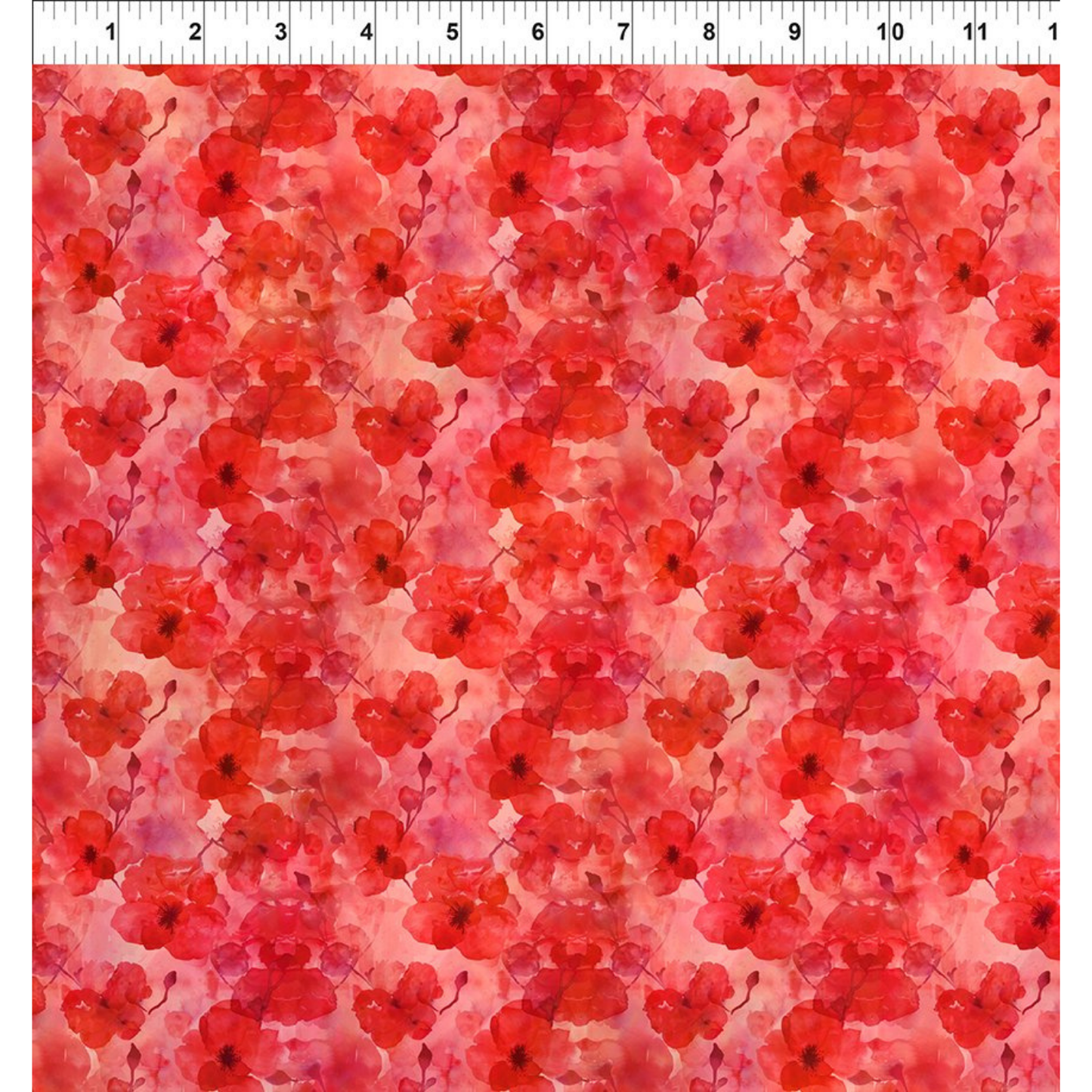 Red floral pattern on a pink background with a ruler at the top for scale.