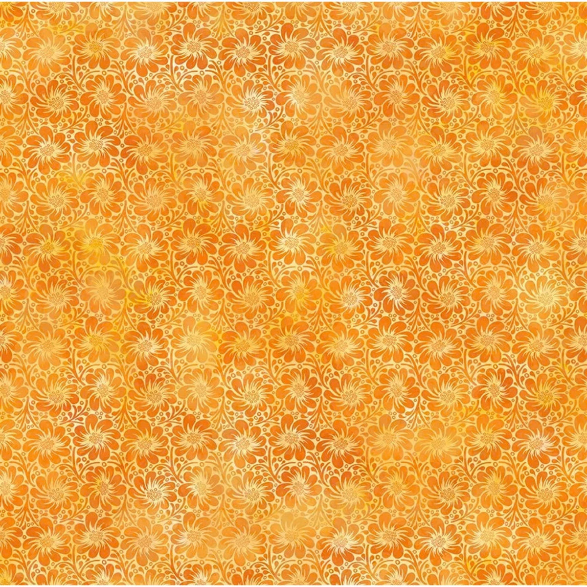 A repeating pattern of daisy-like blooms and winding vines in radiant tangerine. Wisps of pale golden leaves weave in delicate, flourishing accents.