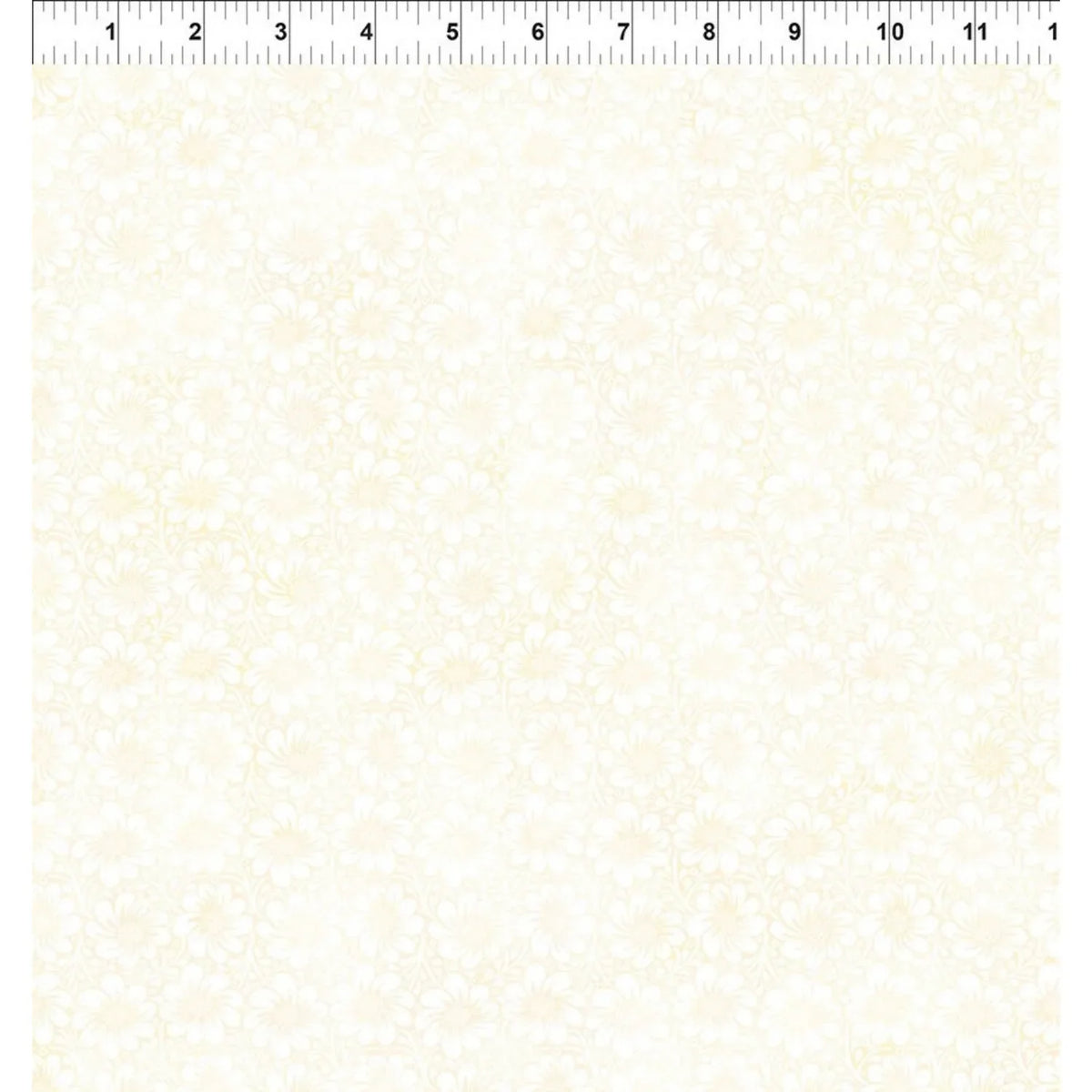 A fabric swatch with a delicate pale floral pattern on a warm off-white background, with a ruler along the top edge for scale.