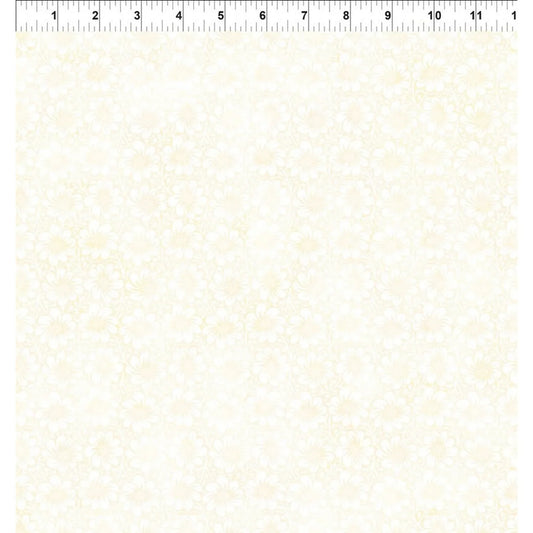 A fabric swatch with a delicate pale floral pattern on a warm off-white background, with a ruler along the top edge for scale.