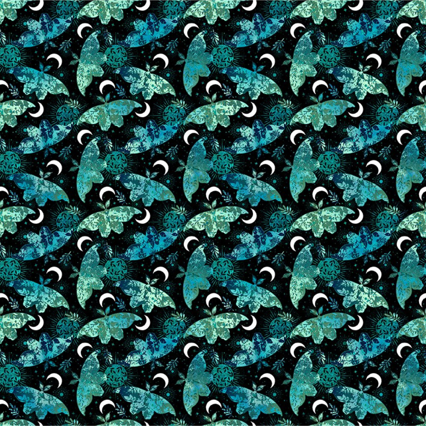 Pattern of blue and green moths on a black background