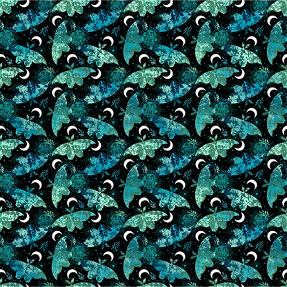 Pattern of blue and green moths on a black background