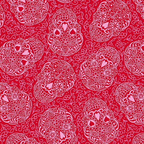 Day of the Dead Sugar Skulls in Strawberry features intricately detailed pink sugar skulls tossed across a bright red background.