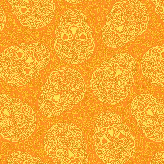 Day of the Dead Sugar Skulls in Mango features intricately detailed light orange sugar skulls tossed across a bright orange background.