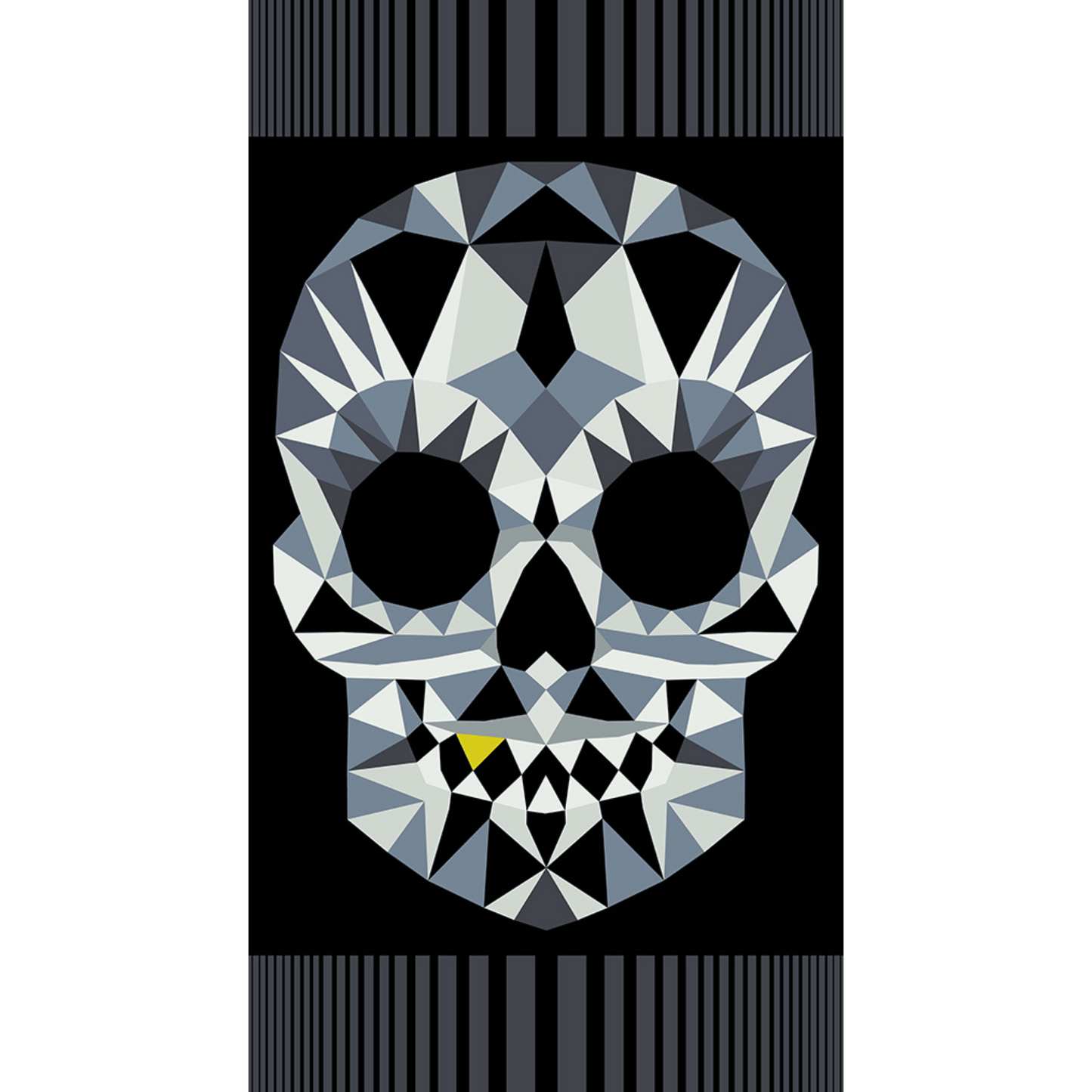 The Watcher pattern is finally made easier in this big, bold 24" x 44" pre-printed panel. The Watcher Panel in Dark features a smiling gold-toothed skull in shades of grey on a black background.