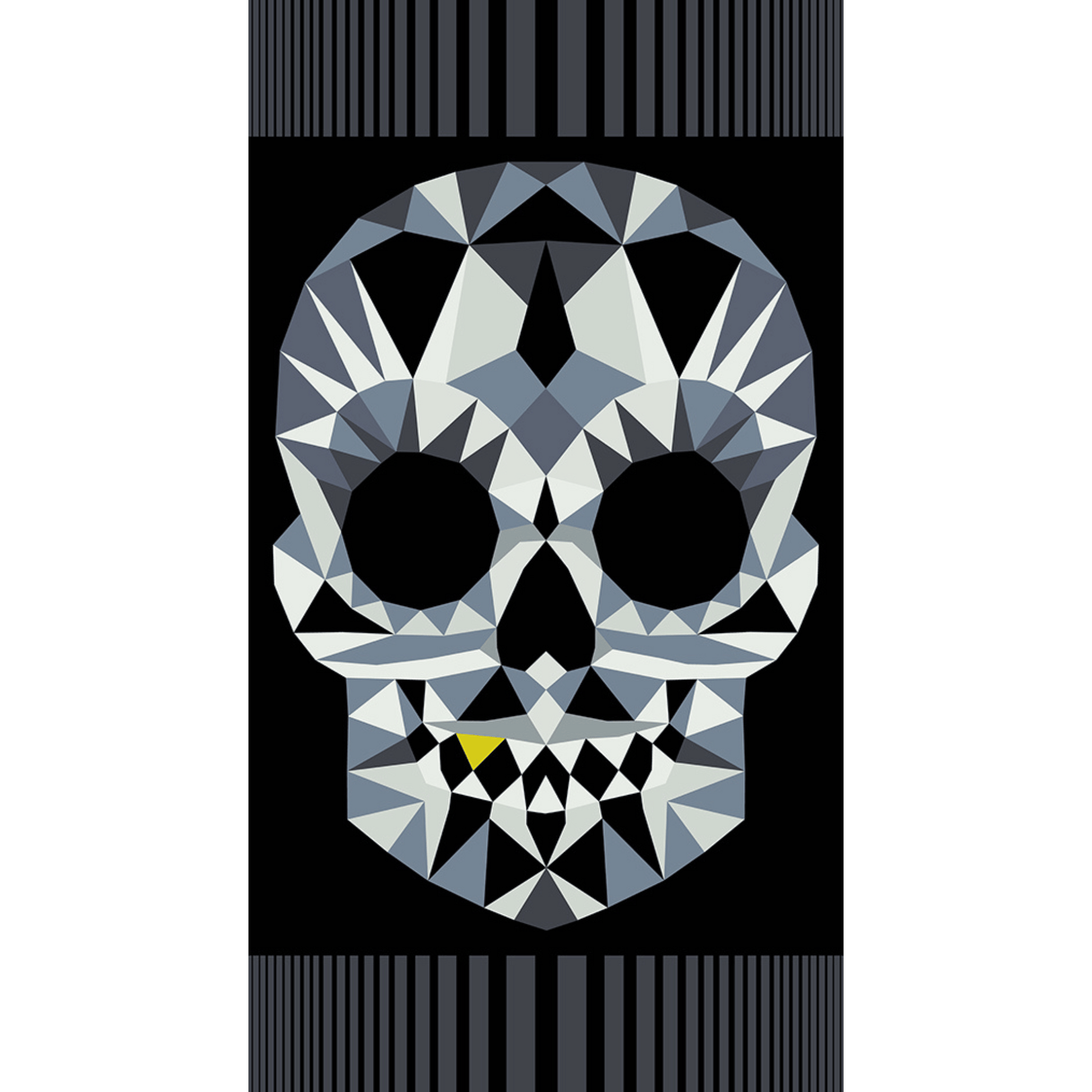 The Watcher pattern is finally made easier in this big, bold 24" x 44" pre-printed panel. The Watcher Panel in Dark features a smiling gold-toothed skull in shades of grey on a black background.