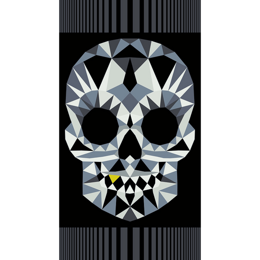 The Watcher pattern is finally made easier in this big, bold 24" x 44" pre-printed panel. The Watcher Panel in Dark features a smiling gold-toothed skull in shades of grey on a black background.