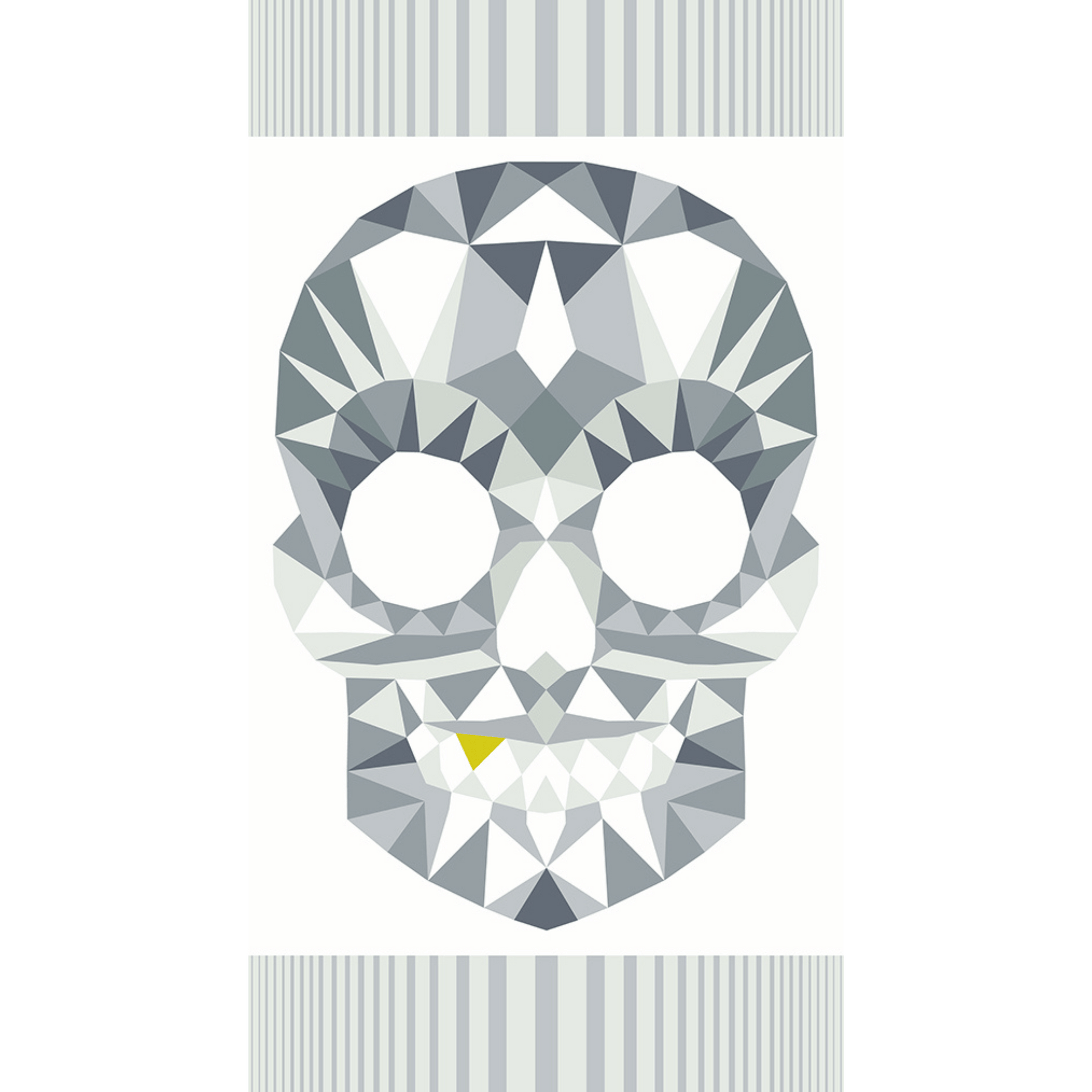 The Watcher pattern is finally made easier in this big, bold 24" x 44" pre-printed panel. The Watcher Panel in Light features a smiling gold-toothed skull in shades of grey on a white background.