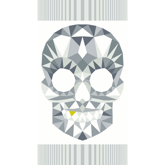 The Watcher pattern is finally made easier in this big, bold 24" x 44" pre-printed panel. The Watcher Panel in Light features a smiling gold-toothed skull in shades of grey on a white background.