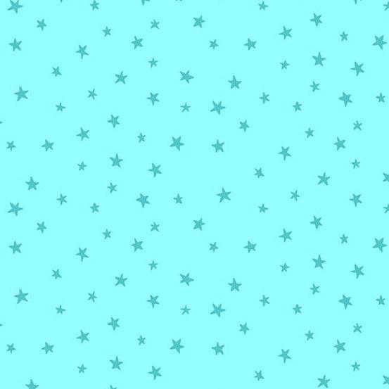 Believe Rainbow Stars in Teal features tiny dark turquoise stars tossed across a light blue background.