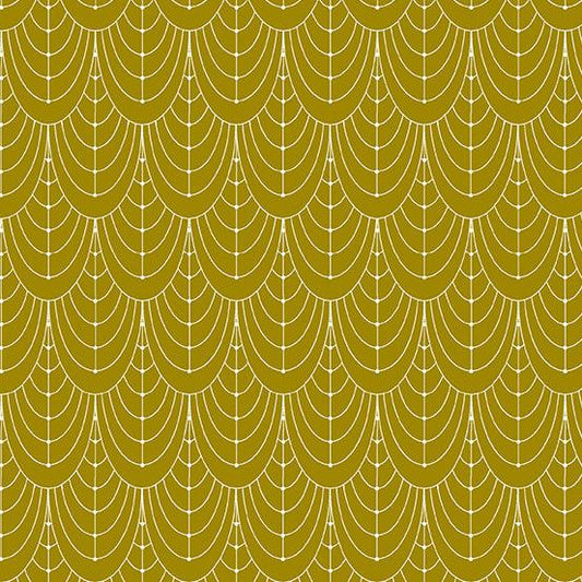 Century Prints Deco Curtains in Brass features elegant swags of white art deco curves on a gold background.