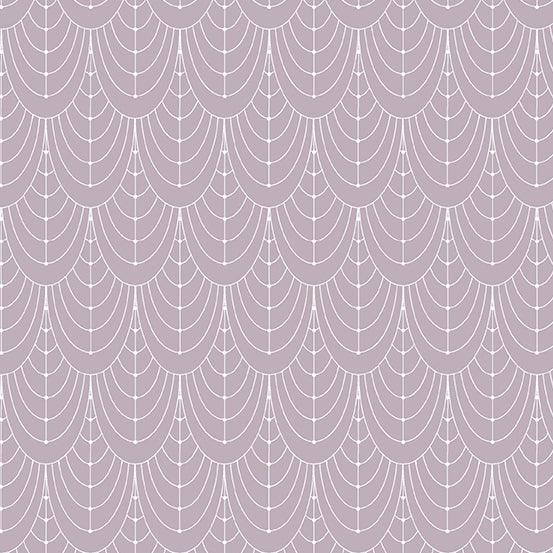 Century Prints Deco Curtains in Whisper features elegant swags of white art deco curves on a light purple background.