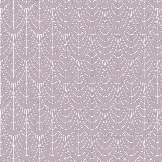 Century Prints Deco Curtains in Whisper features elegant swags of white art deco curves on a light purple background.